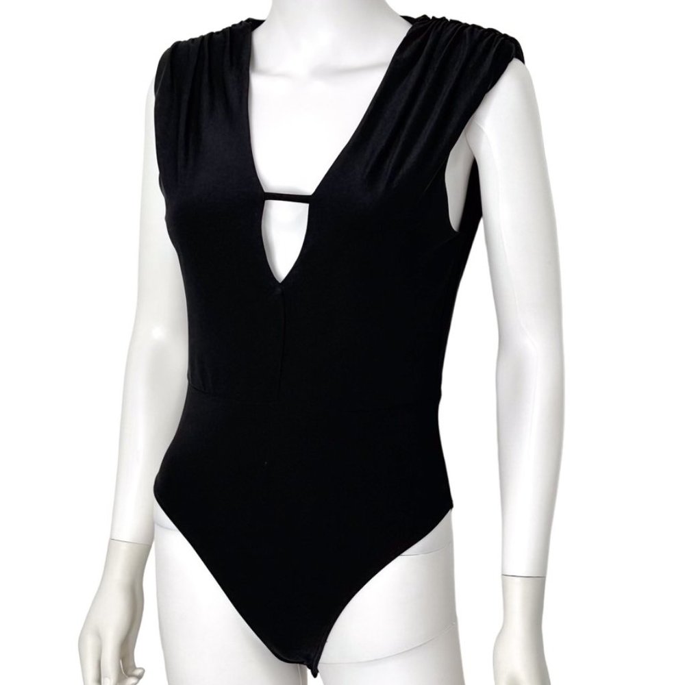Miss Selfridge Shoulder Pad Sleeveless Plunge Neck Cutout Bodysuit in Black Sz 6